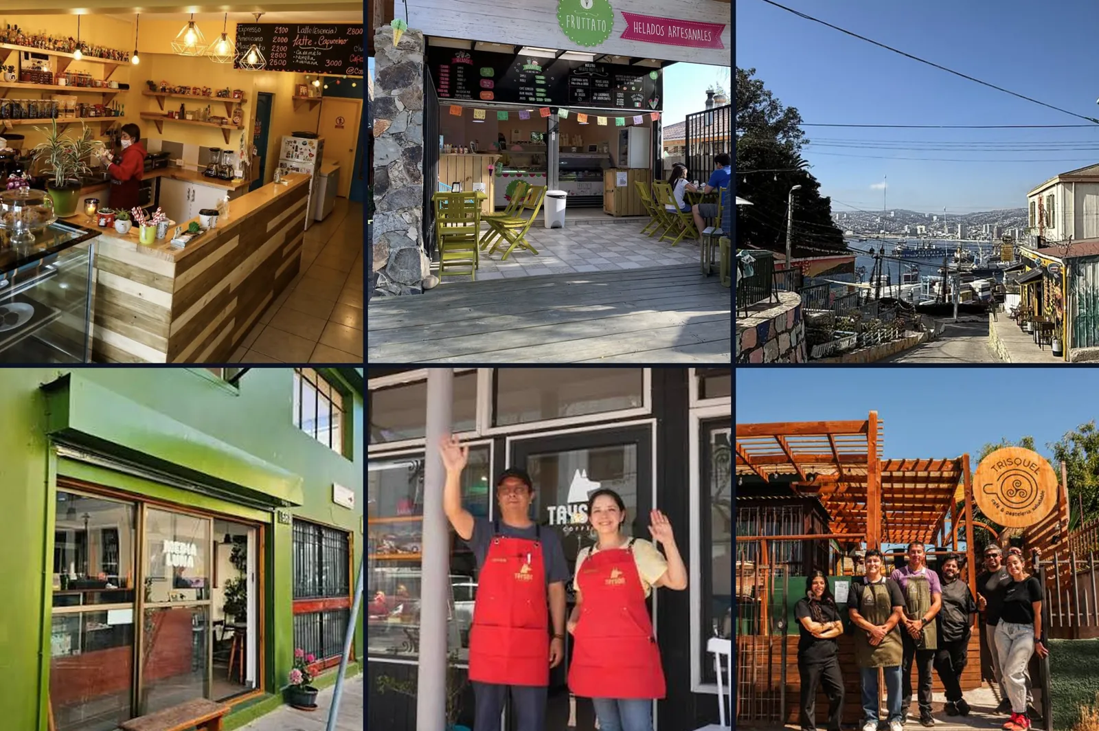Las seis cafeterías de la Ruta de Cafeterías Sustentables: Costa Café, Fruttato, La Perla, Medialuna Valpo, Tayson Coffee y Trisquel Café